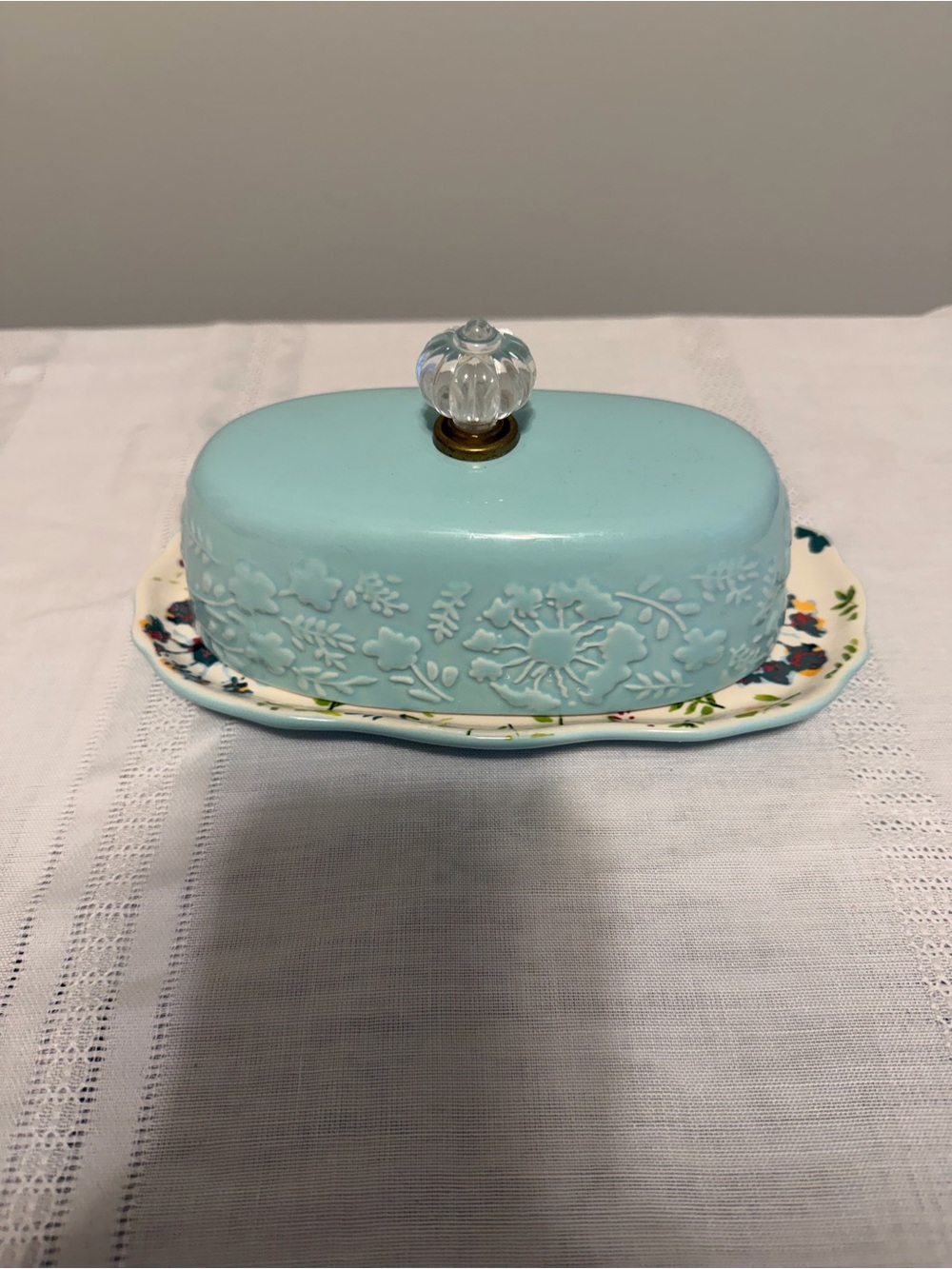 Pioneer Woman Blue Embossed Ceramic Butter Dish with Glass Knob